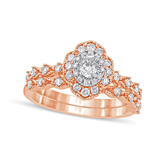 0.63 CT. T.W. Oval Natural Diamond Frame Antique Vintage-Style Bridal Engagement Ring Set in Solid 10K Rose Gold