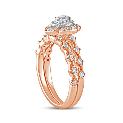 0.63 CT. T.W. Oval Natural Diamond Frame Antique Vintage-Style Bridal Engagement Ring Set in Solid 10K Rose Gold