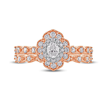 0.63 CT. T.W. Oval Natural Diamond Frame Antique Vintage-Style Bridal Engagement Ring Set in Solid 10K Rose Gold