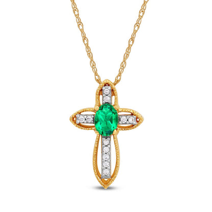 Oval Emerald and Natural Diamond Accent Open Frame Antique Vintage-Style Cross Pendant in 10K Yellow Gold