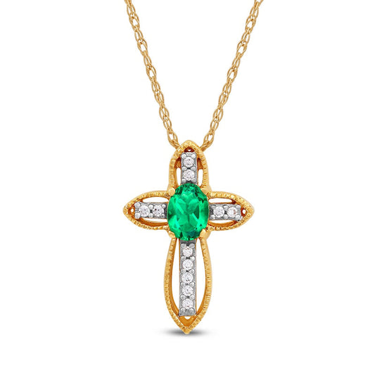 Oval Emerald and Natural Diamond Accent Open Frame Antique Vintage-Style Cross Pendant in 10K Yellow Gold