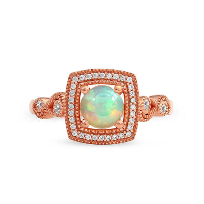 6.0mm Opal and 0.13 CT. T.W. Natural Diamond Open Cushion Frame Antique Vintage-Style Ring in Solid 10K Rose Gold