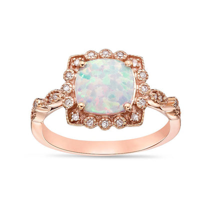 8.0mm Cushion-Cut Lab-Created Opal and 0.10 CT. T.W. Diamond Ornate Frame Antique Vintage-Style Ring in Solid 10K Rose Gold