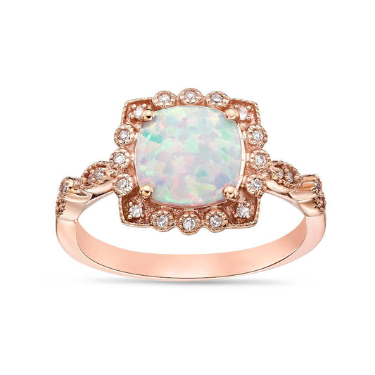 8.0mm Cushion-Cut Lab-Created Opal and 0.10 CT. T.W. Diamond Ornate Frame Antique Vintage-Style Ring in Solid 10K Rose Gold