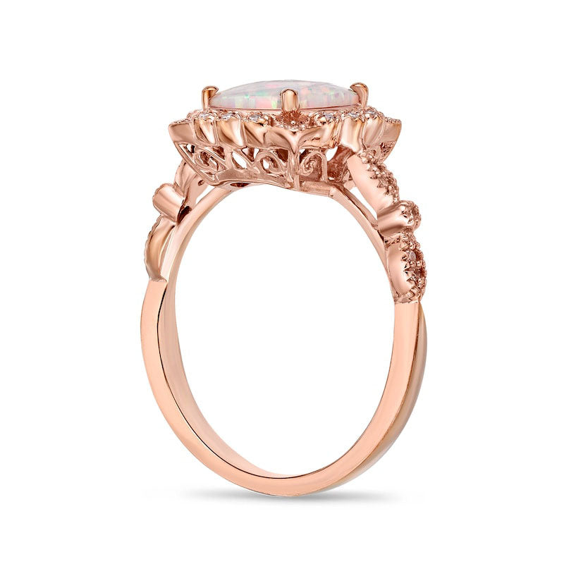 8.0mm Cushion-Cut Lab-Created Opal and 0.10 CT. T.W. Diamond Ornate Frame Antique Vintage-Style Ring in Solid 10K Rose Gold