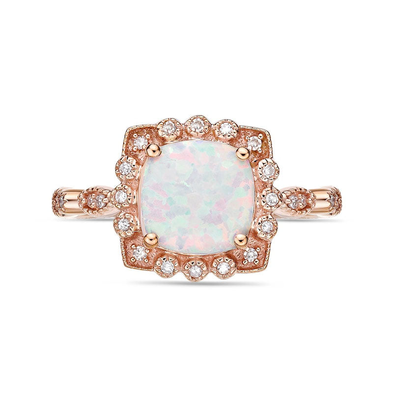 8.0mm Cushion-Cut Lab-Created Opal and 0.10 CT. T.W. Diamond Ornate Frame Antique Vintage-Style Ring in Solid 10K Rose Gold