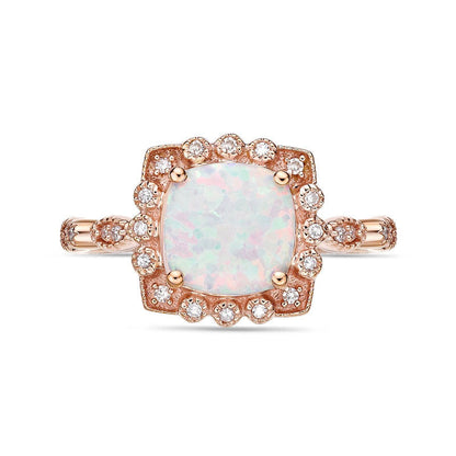 8.0mm Cushion-Cut Lab-Created Opal and 0.10 CT. T.W. Diamond Ornate Frame Antique Vintage-Style Ring in Solid 10K Rose Gold