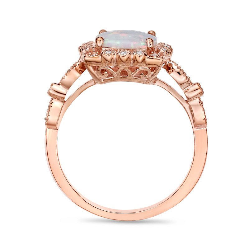 8.0mm Cushion-Cut Lab-Created Opal and 0.10 CT. T.W. Diamond Ornate Frame Antique Vintage-Style Ring in Solid 10K Rose Gold