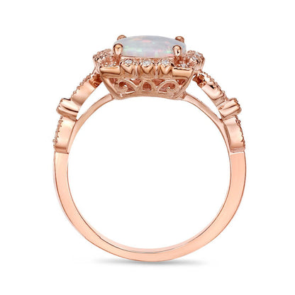 8.0mm Cushion-Cut Lab-Created Opal and 0.10 CT. T.W. Diamond Ornate Frame Antique Vintage-Style Ring in Solid 10K Rose Gold