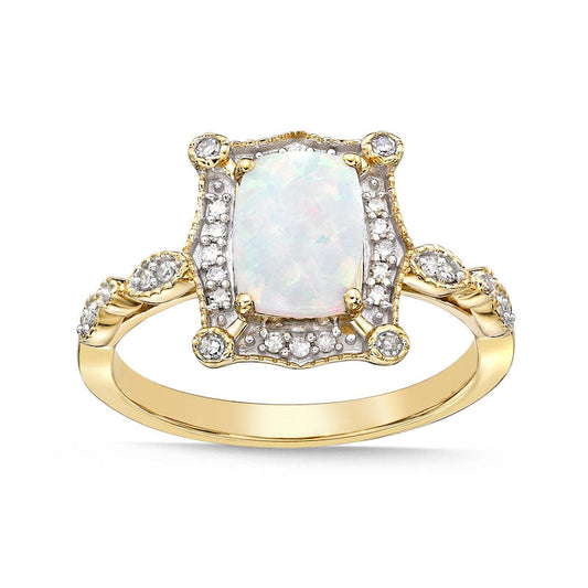 Cushion-Cut Lab-Created Opal and 0.13 CT. T.W. Diamond Ornate Frame Antique Vintage-Style Ring in Solid 10K Yellow Gold