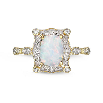 Cushion-Cut Lab-Created Opal and 0.13 CT. T.W. Diamond Ornate Frame Antique Vintage-Style Ring in Solid 10K Yellow Gold