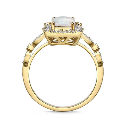 Cushion-Cut Lab-Created Opal and 0.13 CT. T.W. Diamond Ornate Frame Antique Vintage-Style Ring in Solid 10K Yellow Gold