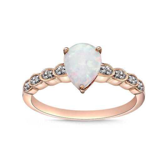 Pear-Shaped Lab-Created Opal and Diamond Accent Layered Scallop Shank Ring in Solid 10K Rose Gold