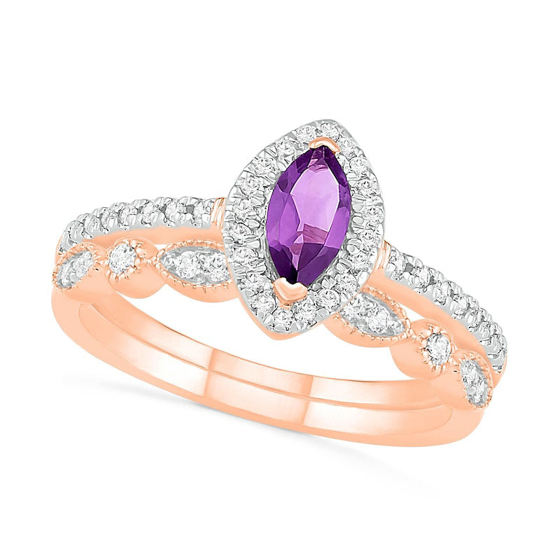 Marquise Amethyst and Lab-Created White Sapphire Frame Antique Vintage-Style Bridal Engagement Ring Set in Solid 10K Rose Gold