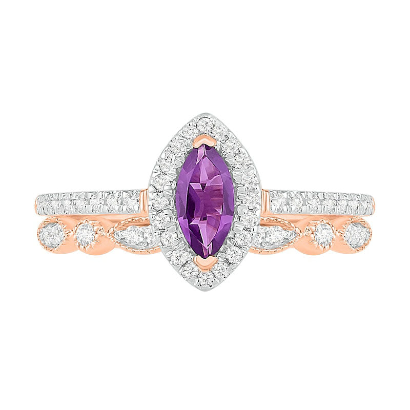 Marquise Amethyst and Lab-Created White Sapphire Frame Antique Vintage-Style Bridal Engagement Ring Set in Solid 10K Rose Gold