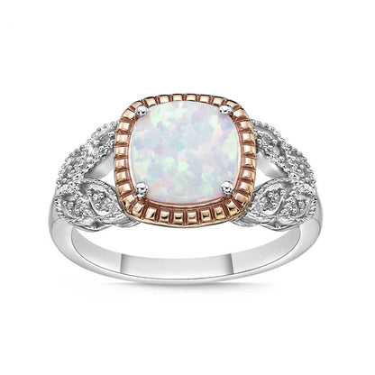 8.0mm Cushion-Cut Lab-Created Opal and 0.05 CT. T.W. Diamond Split Leaf-Sides Antique Vintage-Style Ring in Solid 10K Two-Tone Gold