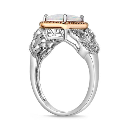 8.0mm Cushion-Cut Lab-Created Opal and 0.05 CT. T.W. Diamond Split Leaf-Sides Antique Vintage-Style Ring in Solid 10K Two-Tone Gold