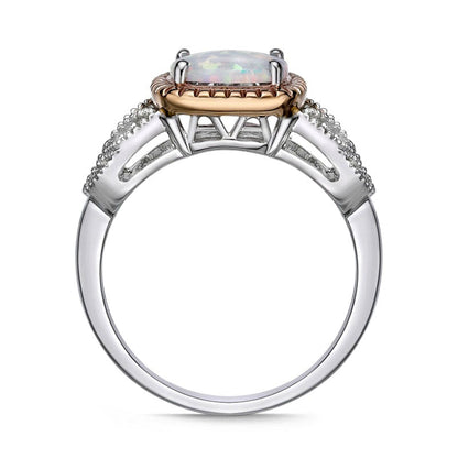 8.0mm Cushion-Cut Lab-Created Opal and 0.05 CT. T.W. Diamond Split Leaf-Sides Antique Vintage-Style Ring in Solid 10K Two-Tone Gold