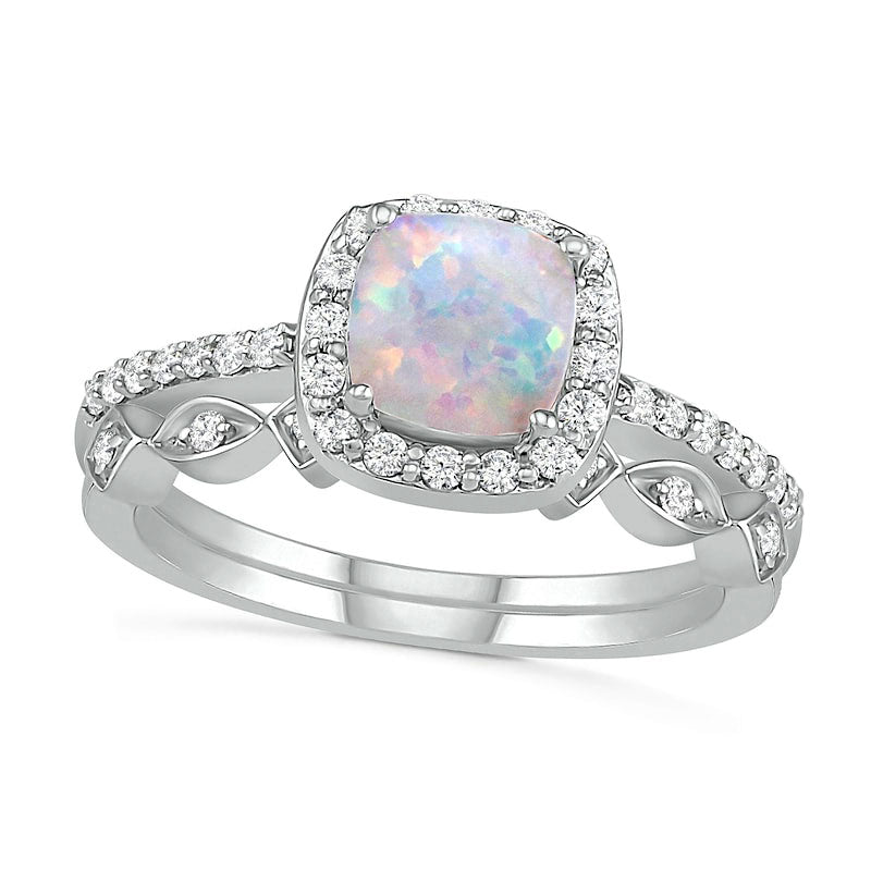 6.0mm Cushion-Cut Lab-Created Opal and 0.25 CT. T.W. Diamond Frame Art Deco Bridal Engagement Ring Set in Solid 10K White Gold
