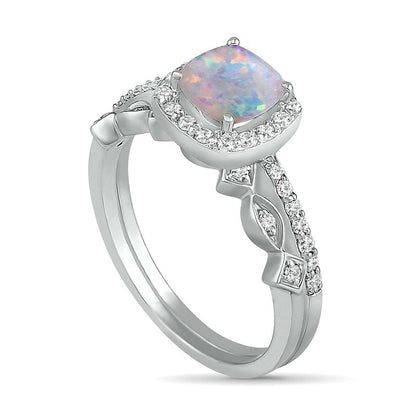 6.0mm Cushion-Cut Lab-Created Opal and 0.25 CT. T.W. Diamond Frame Art Deco Bridal Engagement Ring Set in Solid 10K White Gold