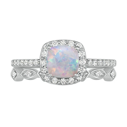 6.0mm Cushion-Cut Lab-Created Opal and 0.25 CT. T.W. Diamond Frame Art Deco Bridal Engagement Ring Set in Solid 10K White Gold