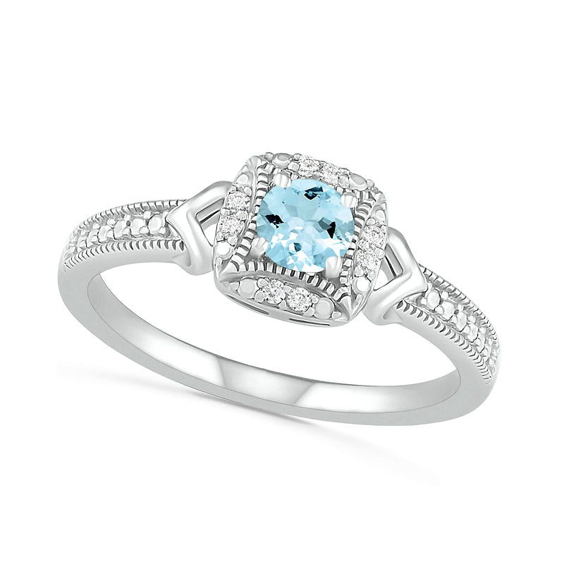 4.0mm Aquamarine and 0.05 CT. T.W. Natural Diamond Cushion Frame Chevron Side Accent Antique Vintage-Style Ring in Sterling Silver