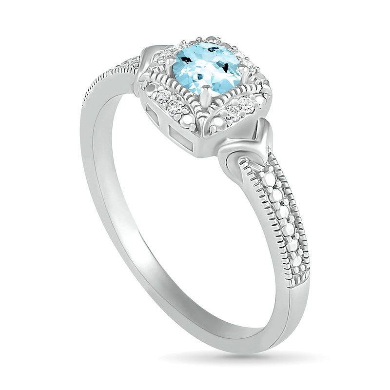 4.0mm Aquamarine and 0.05 CT. T.W. Natural Diamond Cushion Frame Chevron Side Accent Antique Vintage-Style Ring in Sterling Silver