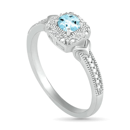 4.0mm Aquamarine and 0.05 CT. T.W. Natural Diamond Cushion Frame Chevron Side Accent Antique Vintage-Style Ring in Sterling Silver