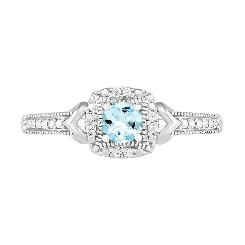 4.0mm Aquamarine and 0.05 CT. T.W. Natural Diamond Cushion Frame Chevron Side Accent Antique Vintage-Style Ring in Sterling Silver