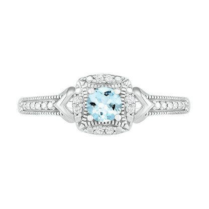 4.0mm Aquamarine and 0.05 CT. T.W. Natural Diamond Cushion Frame Chevron Side Accent Antique Vintage-Style Ring in Sterling Silver