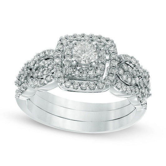 0.63 CT. T.W. Natural Diamond Double Frame Bridal Engagement Ring Set in Solid 10K White Gold