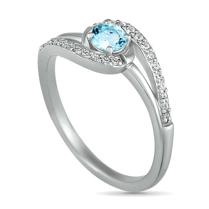 4.0mm Aquamarine and Lab-Created White Sapphire Bypass Swirl Frame Split Shank Ring in Sterling Silver