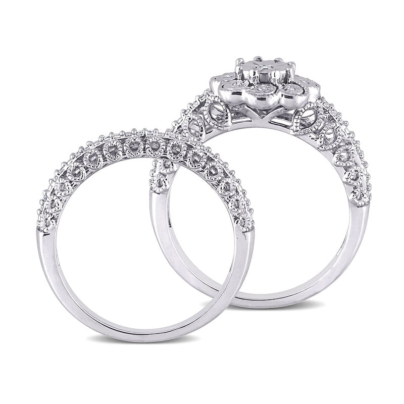 0.17 CT. T.W. Natural Diamond Flower Frame Antique Vintage-Style Bridal Engagement Ring Set in Sterling Silver