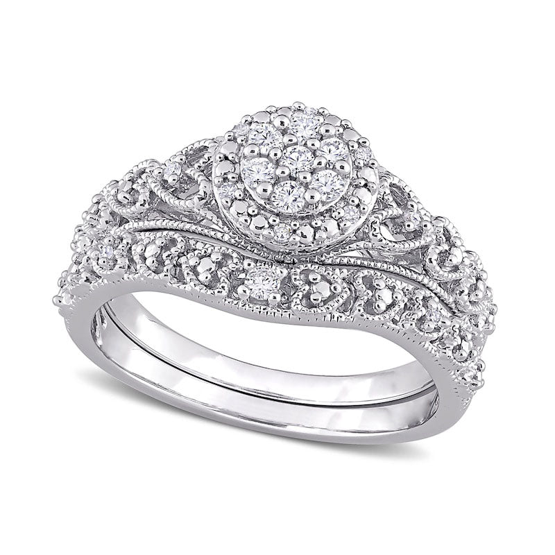 0.20 CT. T.W. Composite Natural Diamond Frame Antique Vintage-Style Bridal Engagement Ring Set in Sterling Silver