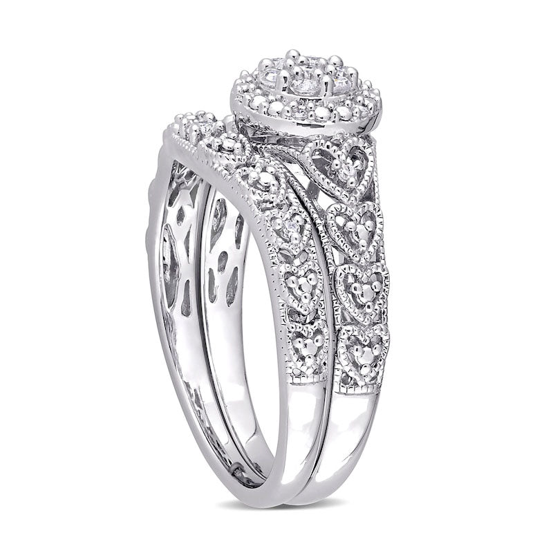 0.20 CT. T.W. Composite Natural Diamond Frame Antique Vintage-Style Bridal Engagement Ring Set in Sterling Silver