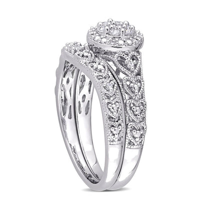 0.20 CT. T.W. Composite Natural Diamond Frame Antique Vintage-Style Bridal Engagement Ring Set in Sterling Silver