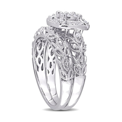 0.20 CT. T.W. Composite Natural Diamond Cushion Frame Antique Vintage-Style Bridal Engagement Ring Set in Sterling Silver