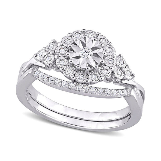 0.20 CT. T.W. Natural Diamond Frame Tri-Sides Bridal Engagement Ring Set in Sterling Silver