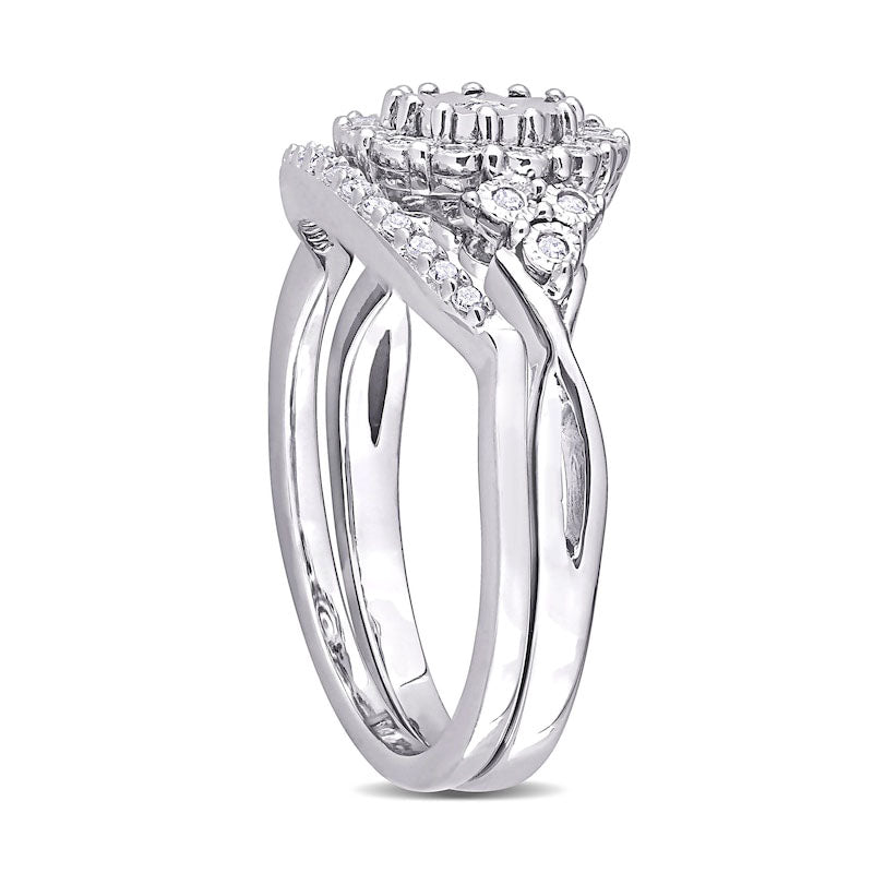 0.20 CT. T.W. Natural Diamond Frame Tri-Sides Bridal Engagement Ring Set in Sterling Silver