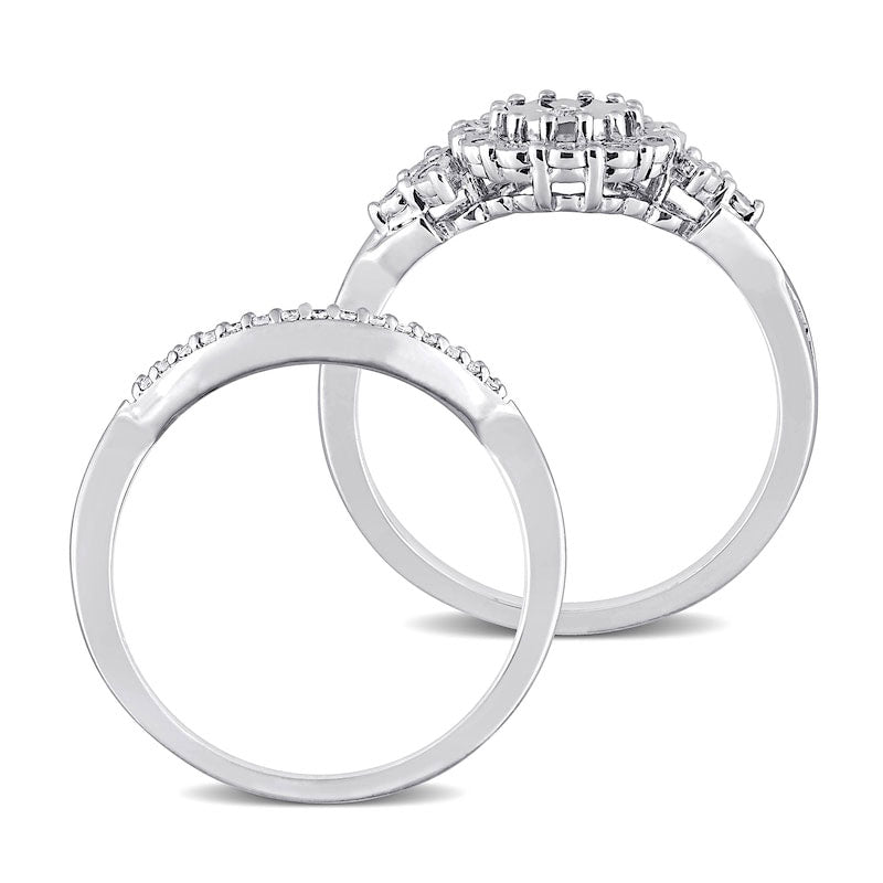 0.20 CT. T.W. Natural Diamond Frame Tri-Sides Bridal Engagement Ring Set in Sterling Silver