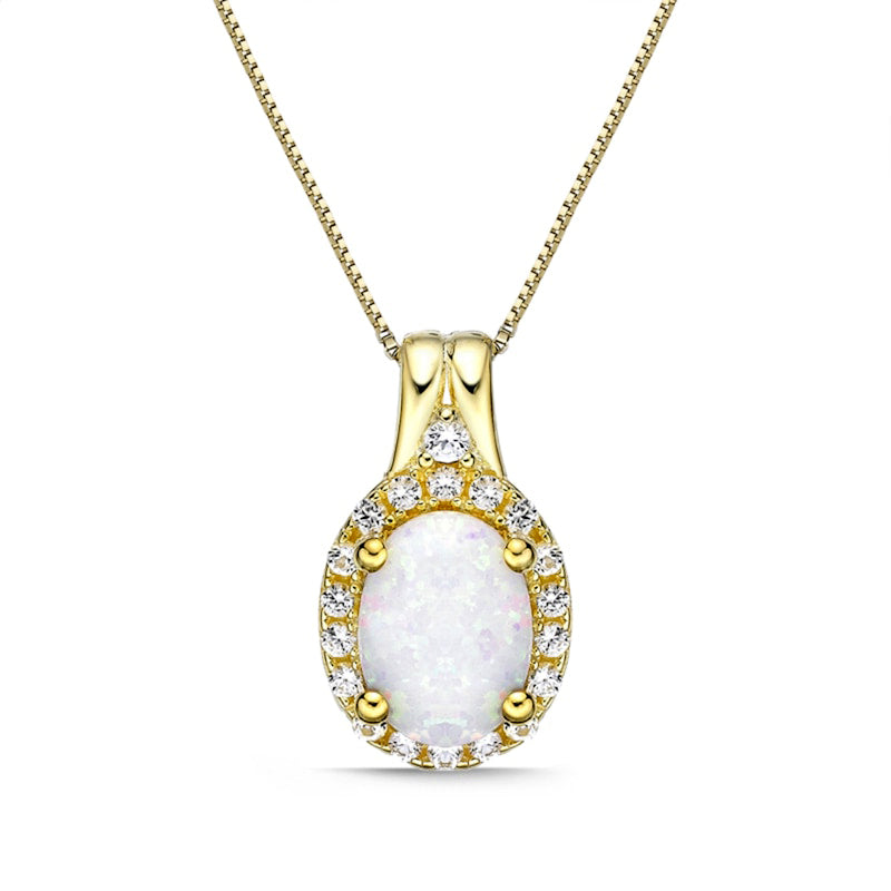 Oval Lab-Created Opal and White Sapphire Frame Pendant in Sterling Silver with 18K Gold Plate