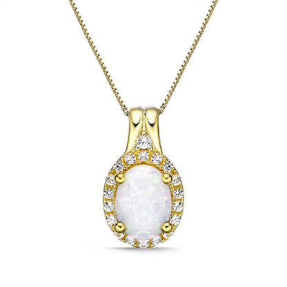 Oval Lab-Created Opal and White Sapphire Frame Pendant in Sterling Silver with 18K Gold Plate
