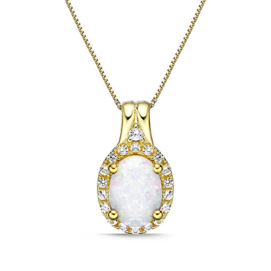Oval Lab-Created Opal and White Sapphire Frame Pendant in Sterling Silver with 18K Gold Plate