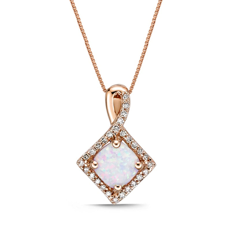 6.0mm Cushion-Cut Lab-Created Opal and 0.17 CT. T.W. Diamond Frame Tilted Twist Pendant in 10K Rose Gold