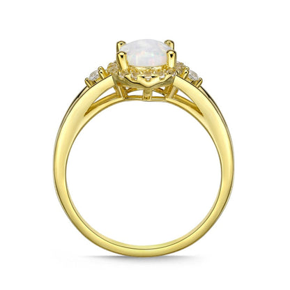 Oval Lab-Created Opal and White Sapphire Frame Side Accent Split Shank Ring in Sterling Silver with Solid 18K Gold Plate