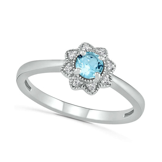 4.0mm Aquamarine and 0.05 CT. T.W. Natural Diamond Antique Vintage-Style Flower Ring in Sterling Silver