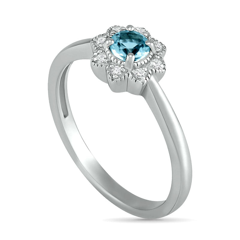 4.0mm Aquamarine and 0.05 CT. T.W. Natural Diamond Antique Vintage-Style Flower Ring in Sterling Silver