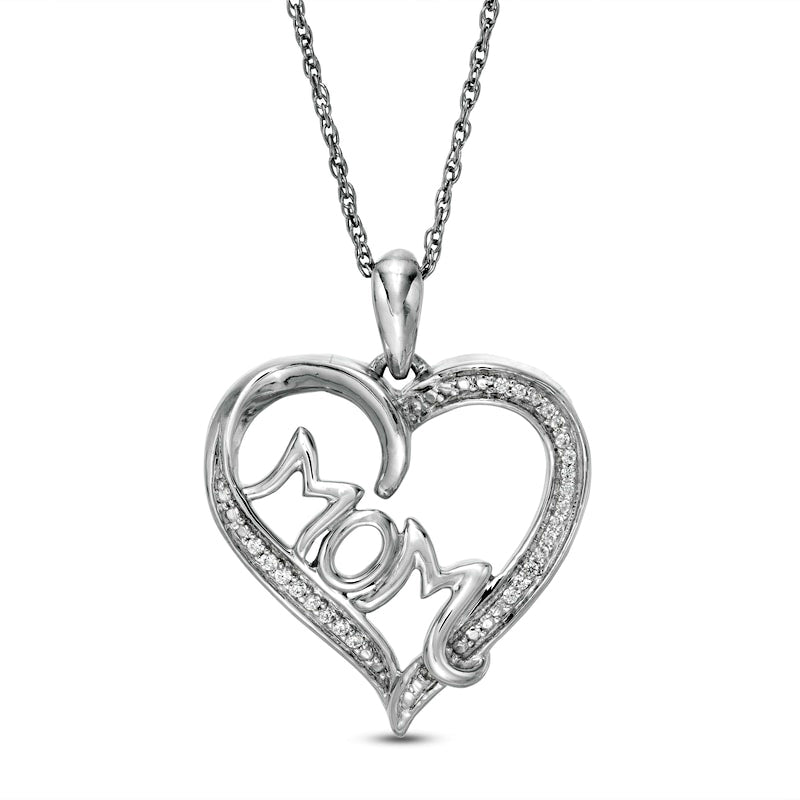 0.07 CT. T.W. Natural Diamond MOM" Heart Pendant in Sterling Silver"