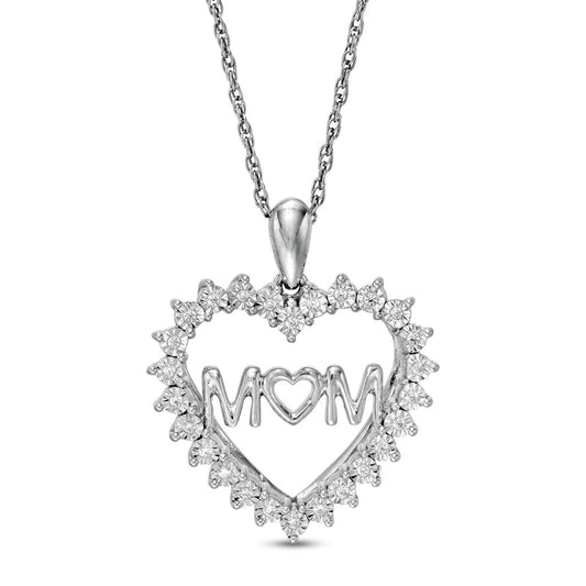 0.07 CT. T.W. Natural Diamond MOM" Shadow Heart Pendant in Sterling Silver"