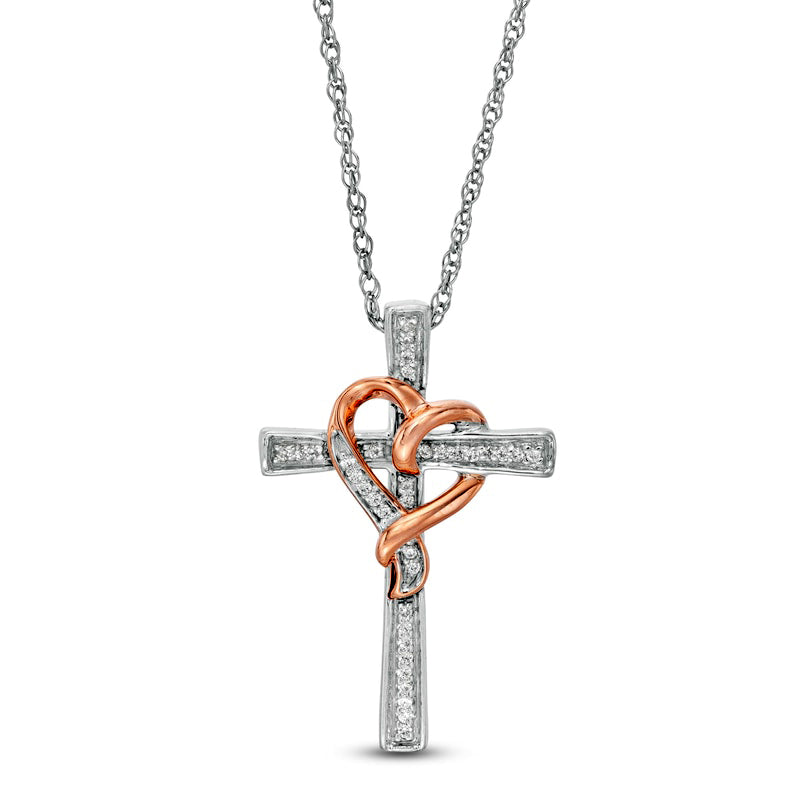 0.07 CT. T.W. Natural Diamond Cross with Ribbon Heart Overlay Pendant in Sterling Silver and 10K Rose Gold